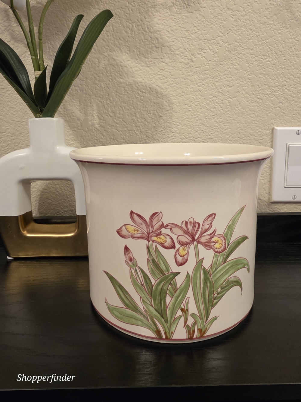 Hand Painted Portugal Ceramic Floral Iris Planter Pot, White Round 6 inch
